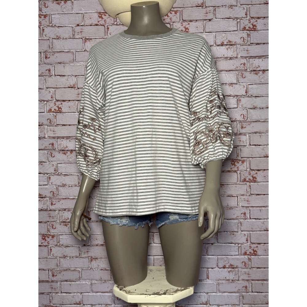 Cotton Bleu Womens Grey White Striped Floral Embroidered Balloon Sleeve Top M
